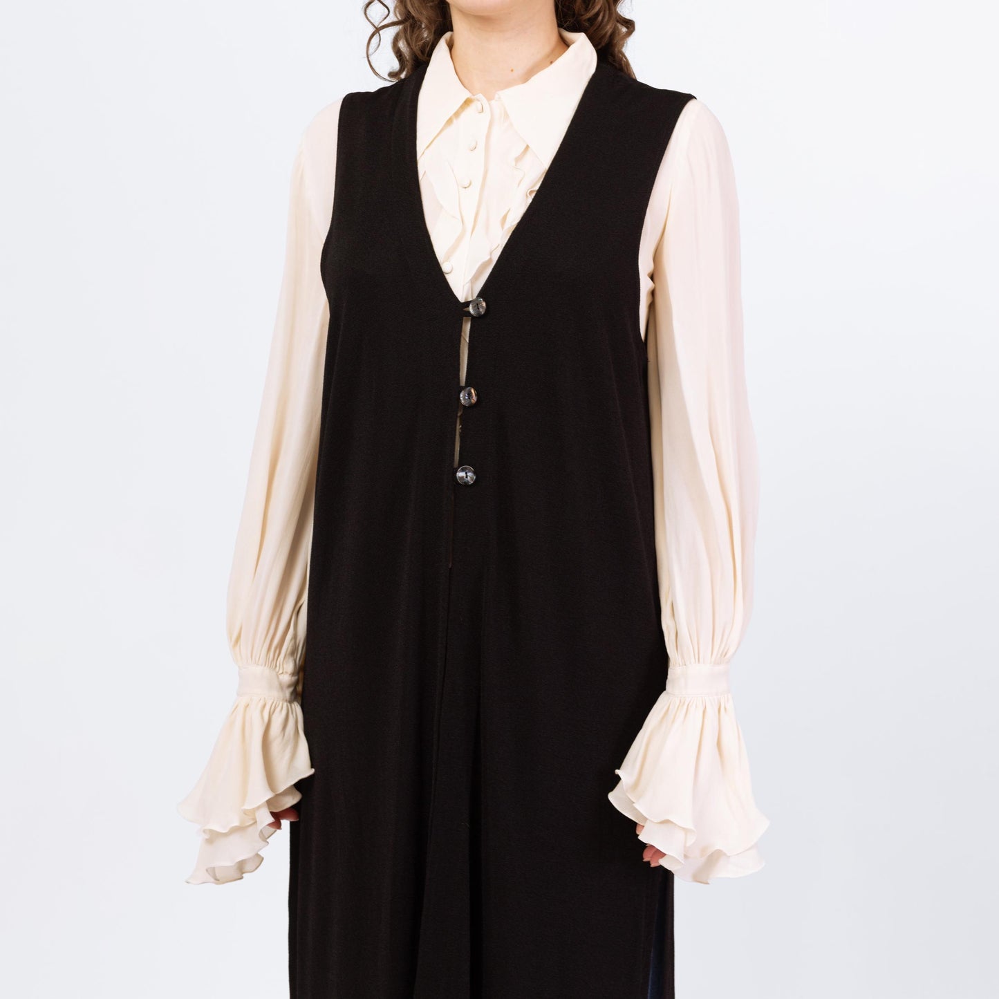 Vintage Y2K Black Slinky Long V Neck Vest - Medium | Oversized Sleeveless Button Up Midi Duster Layering Top