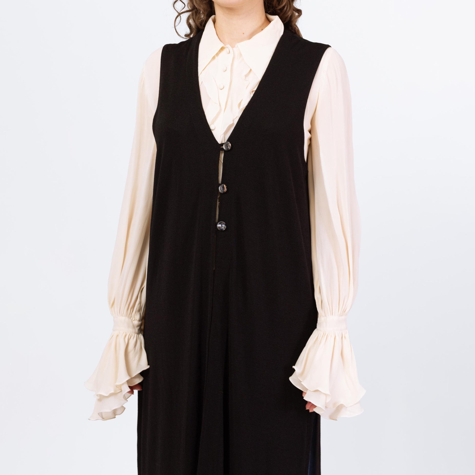 Vintage Y2K Black Slinky Long V Neck Vest - Medium | Oversized Sleeveless Button Up Midi Duster Layering Top