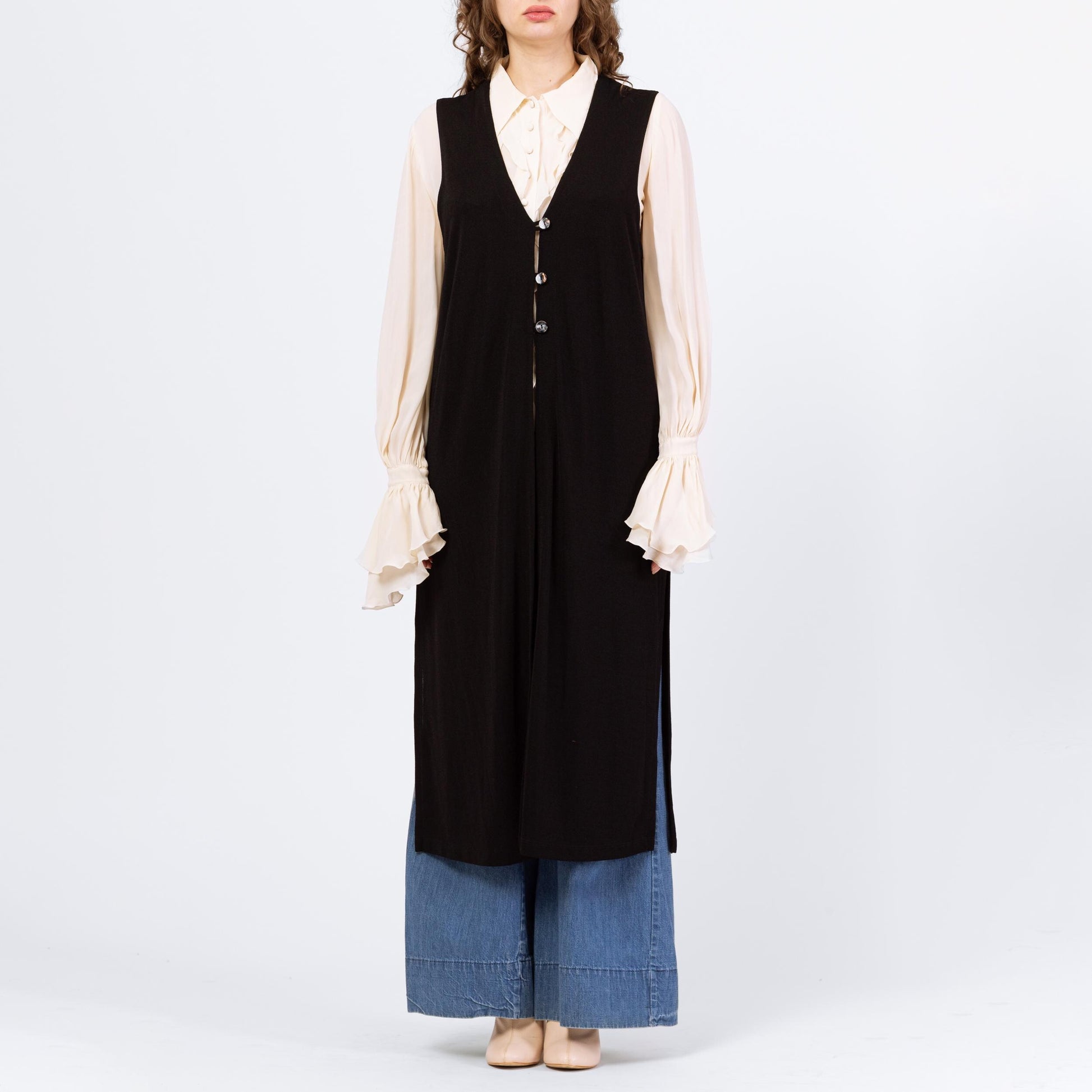 Vintage Y2K Black Slinky Long V Neck Vest - Medium | Oversized Sleeveless Button Up Midi Duster Layering Top