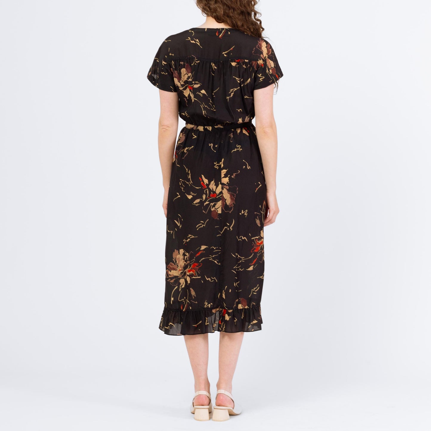 Vintage 80s Albert Nipon Black Floral Silk Midi Wrap Dress - Small | Boho Short Sleeve Flowy Dress
