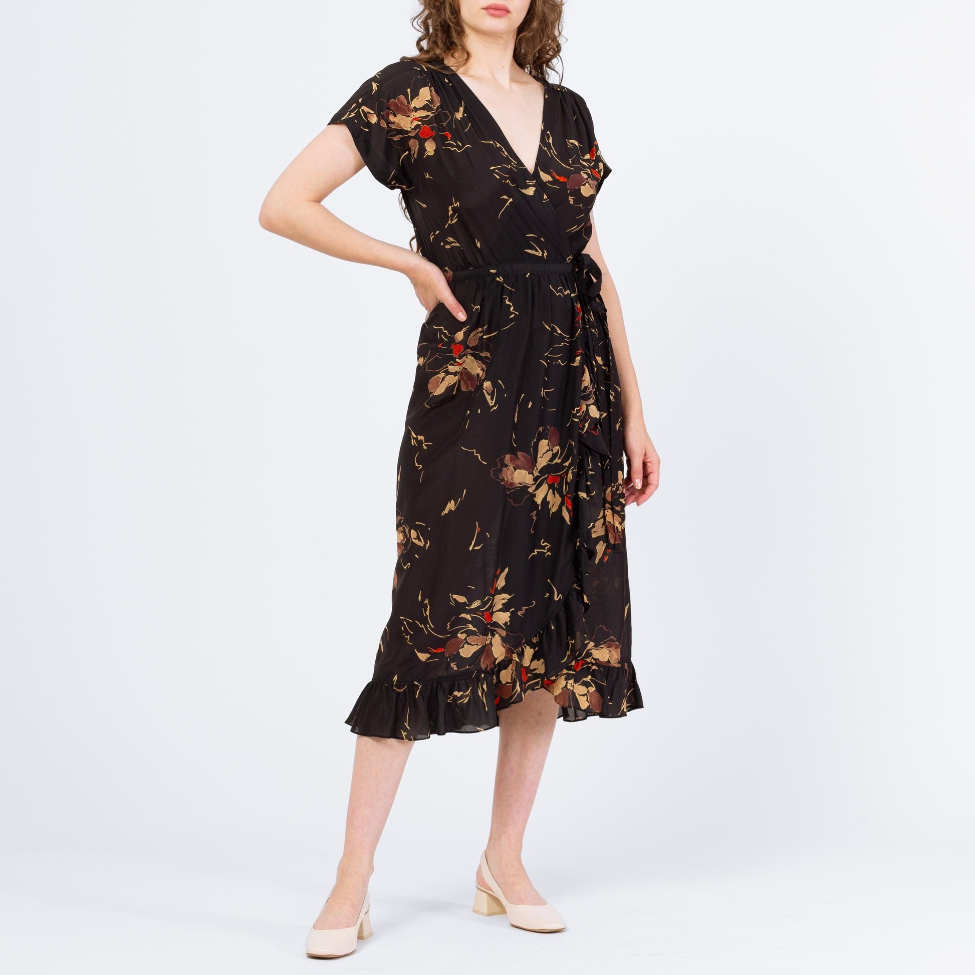 Vintage 80s Albert Nipon Black Floral Silk Midi Wrap Dress - Small | Boho Short Sleeve Flowy Dress