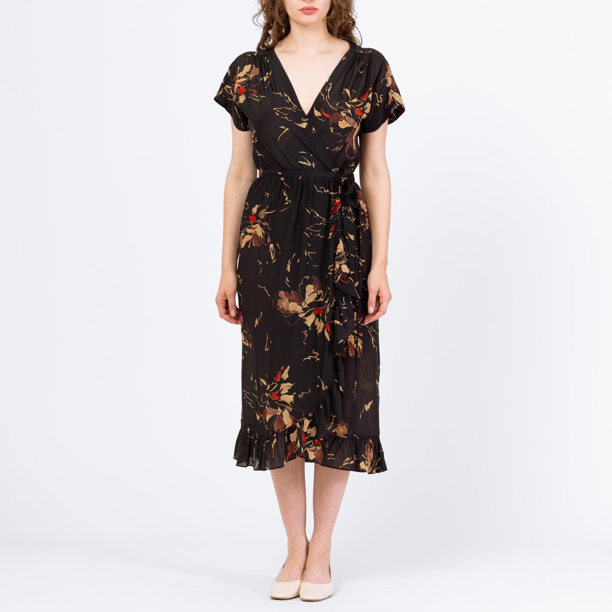 Vintage 80s Albert Nipon Black Floral Silk Midi Wrap Dress - Small | Boho Short Sleeve Flowy Dress