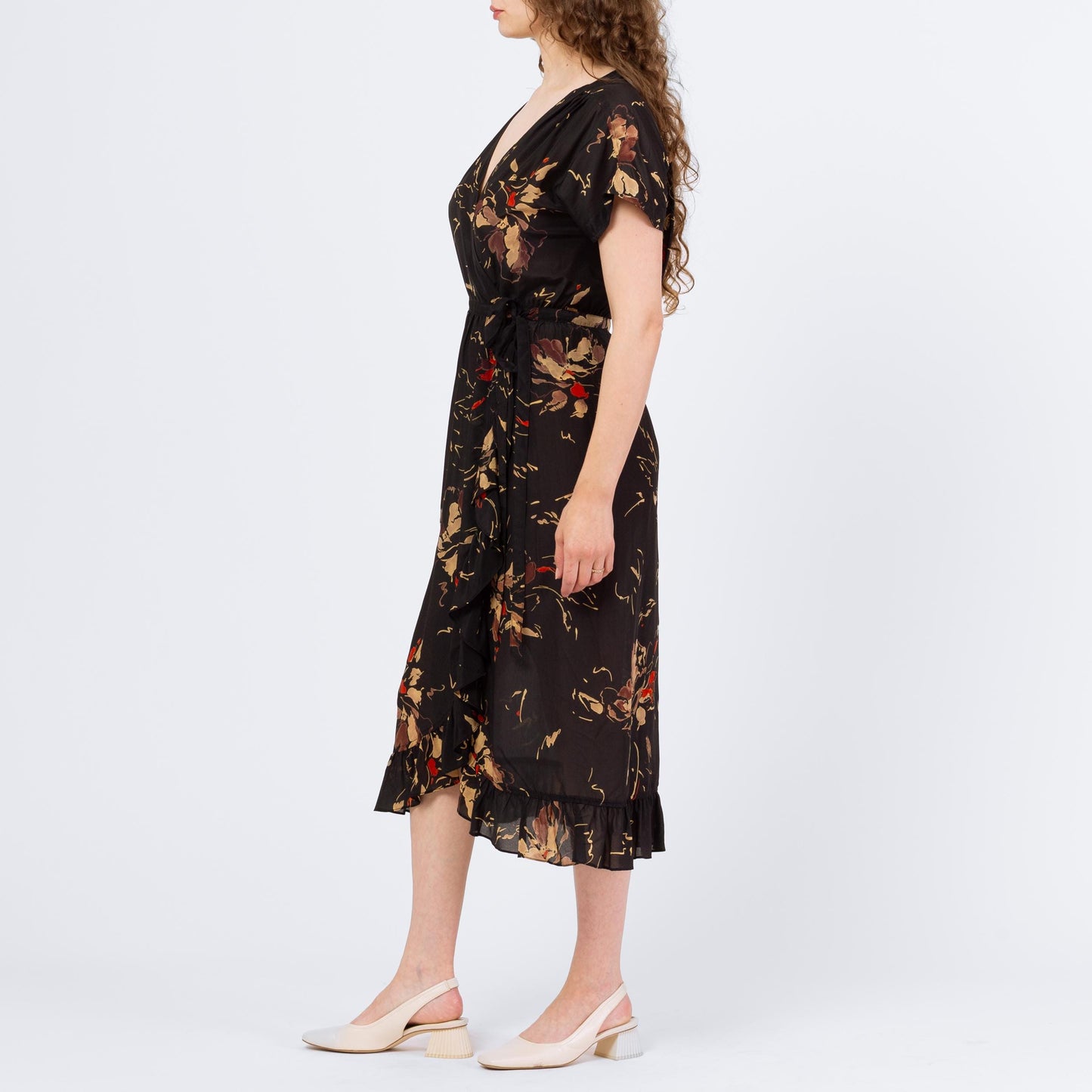 Vintage 80s Albert Nipon Black Floral Silk Midi Wrap Dress - Small | Boho Short Sleeve Flowy Dress