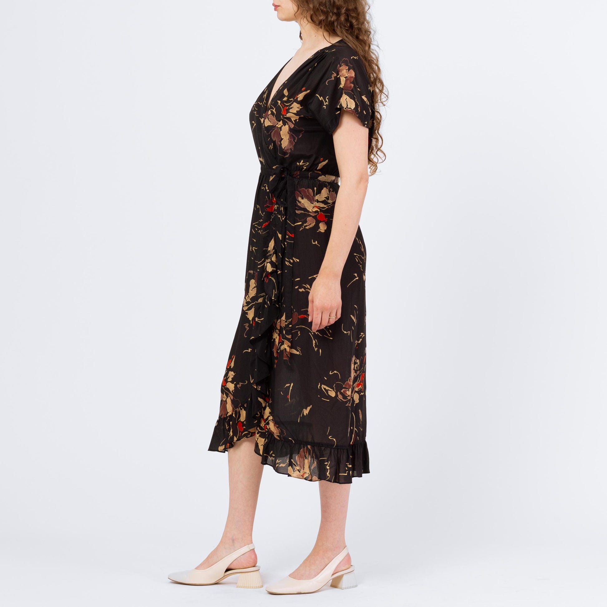 Vintage 80s Albert Nipon Black Floral Silk Midi Wrap Dress - Small | Boho Short Sleeve Flowy Dress