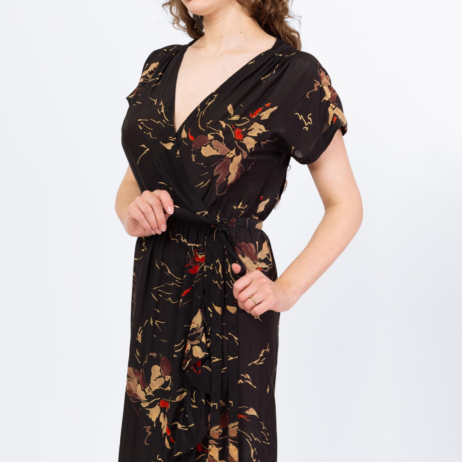 Vintage 80s Albert Nipon Black Floral Silk Midi Wrap Dress - Small | Boho Short Sleeve Flowy Dress