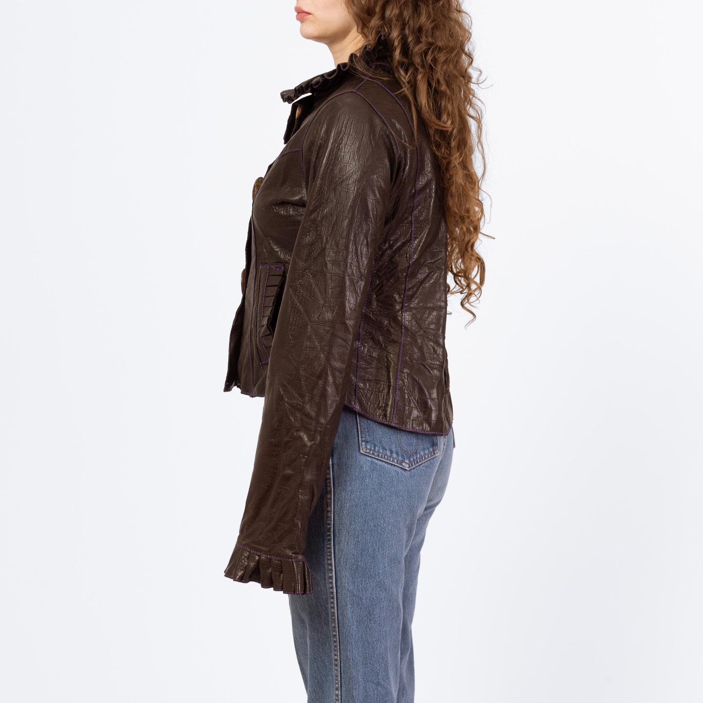 Vintage 90s Grownbeans Karen Groner Embossed Leather Jacket - Medium | Ruffle Collar Button Up Short Coat