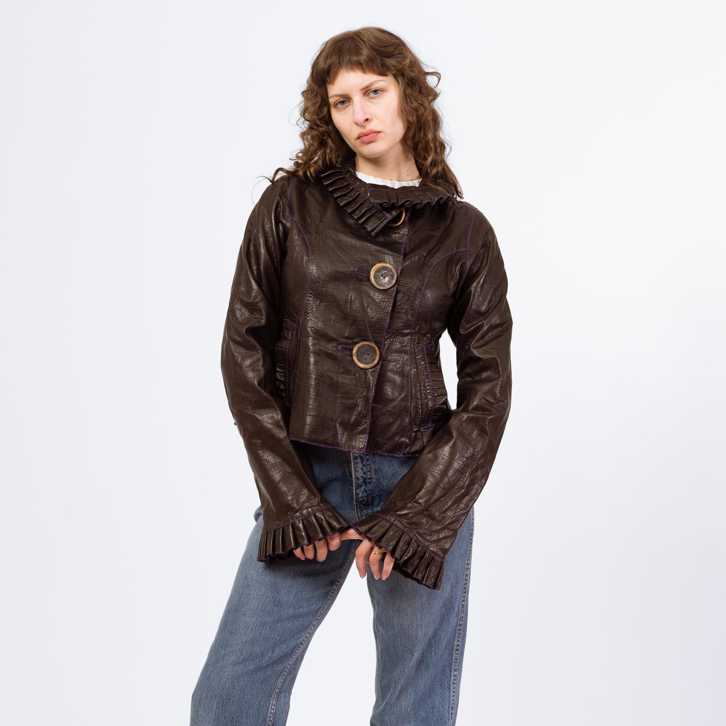 Vintage 90s Grownbeans Karen Groner Embossed Leather Jacket - Medium | Ruffle Collar Button Up Short Coat