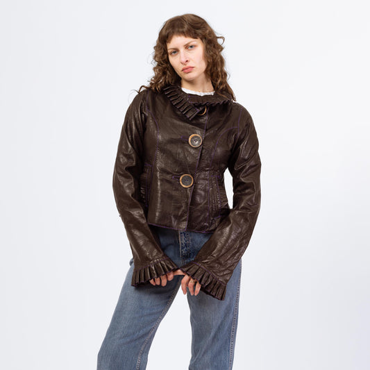 Vintage 90s Grownbeans Karen Groner Embossed Leather Jacket - Medium | Ruffle Collar Button Up Short Coat