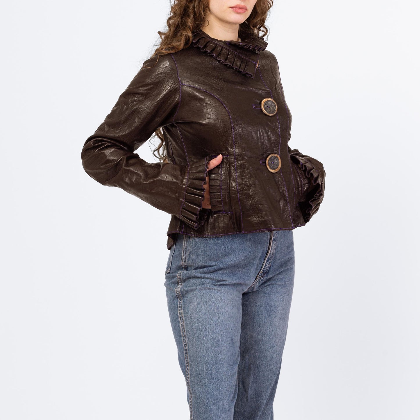 Vintage 90s Grownbeans Karen Groner Embossed Leather Jacket - Medium | Ruffle Collar Button Up Short Coat