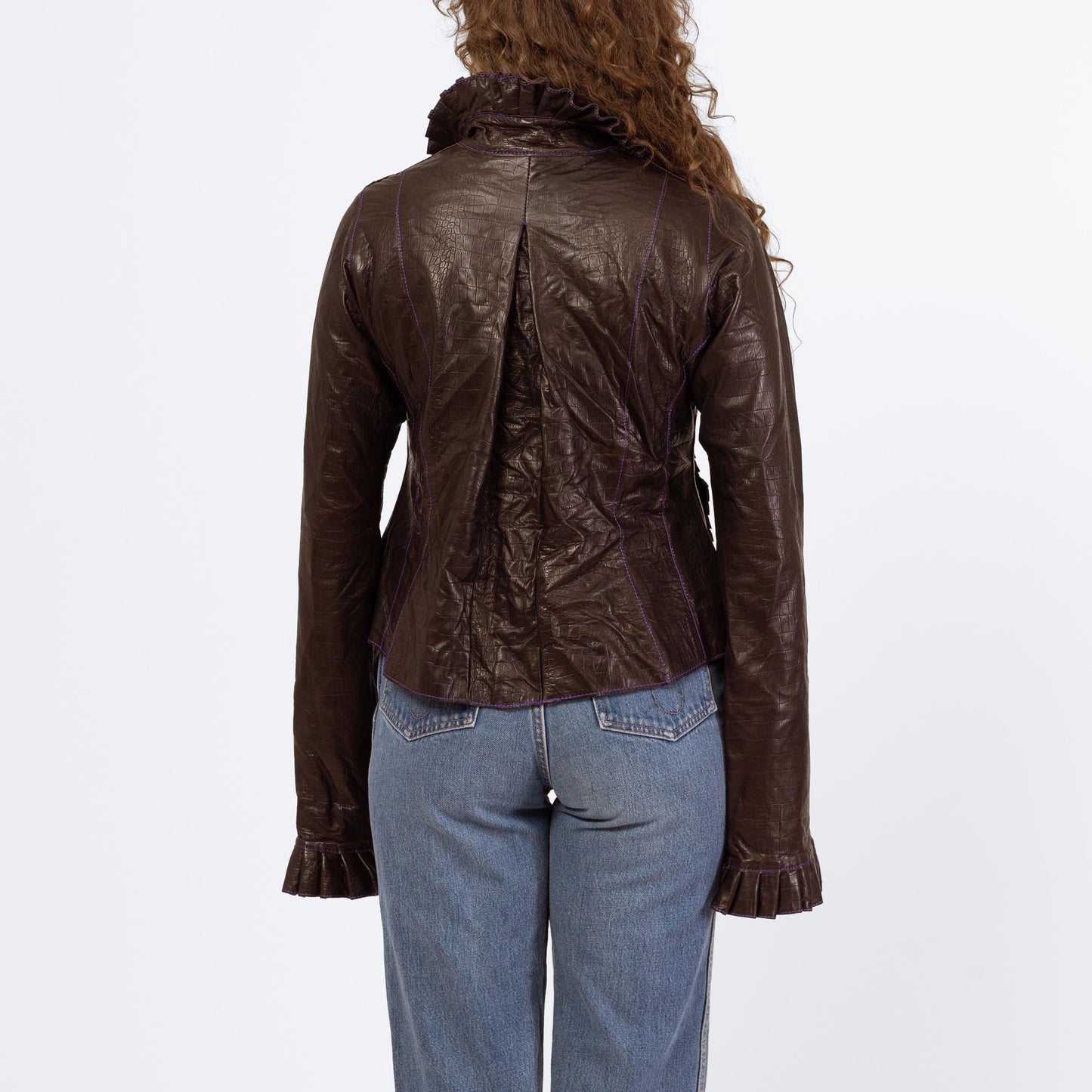 Vintage 90s Grownbeans Karen Groner Embossed Leather Jacket - Medium | Ruffle Collar Button Up Short Coat