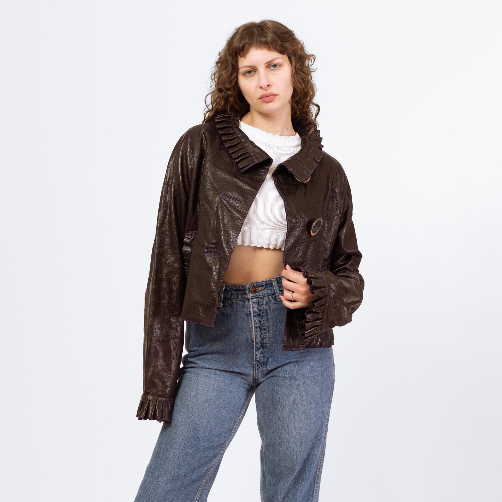 Vintage 90s Grownbeans Karen Groner Embossed Leather Jacket - Medium | Ruffle Collar Button Up Short Coat