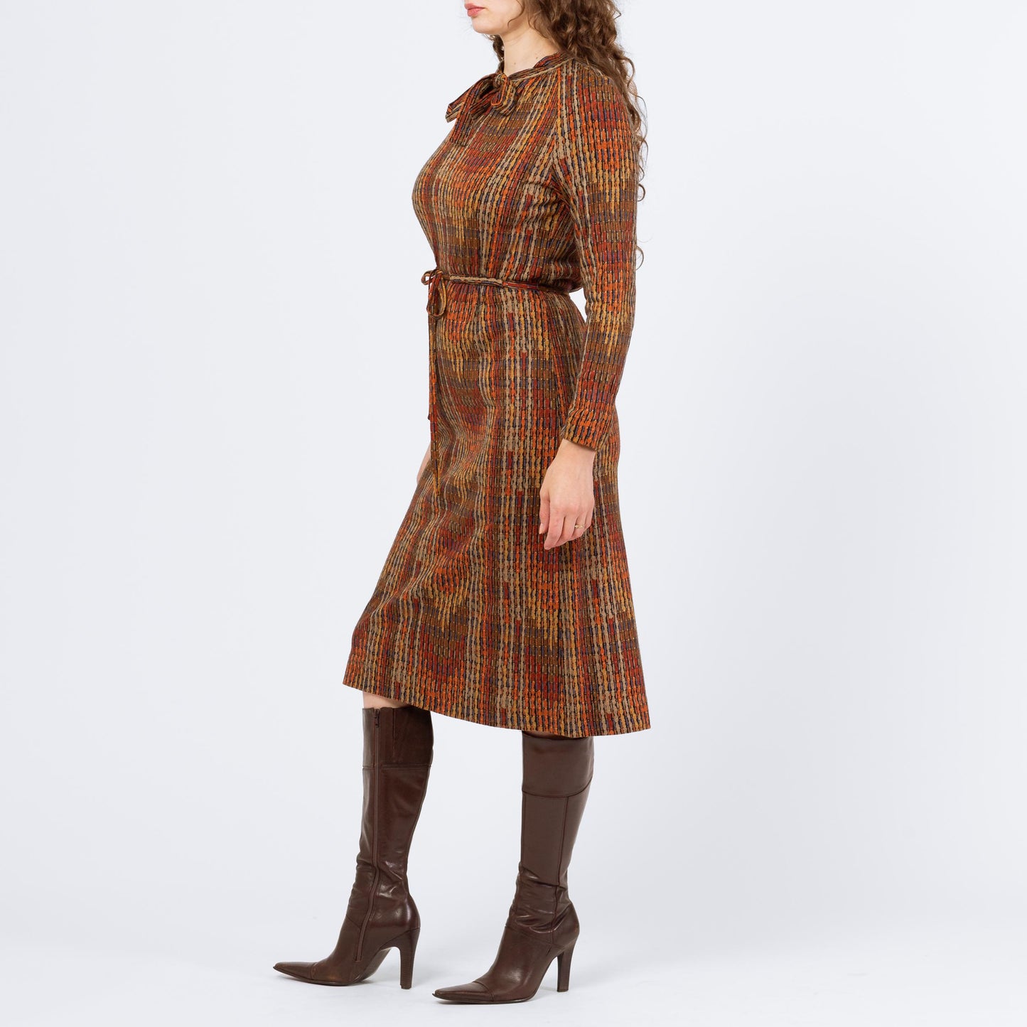 Vintage 70s Earth Tone Flame Stitch Drawstring Waist Midi Shirtdress - Medium | Retro Clothing, Long Sleeve A Line Dress