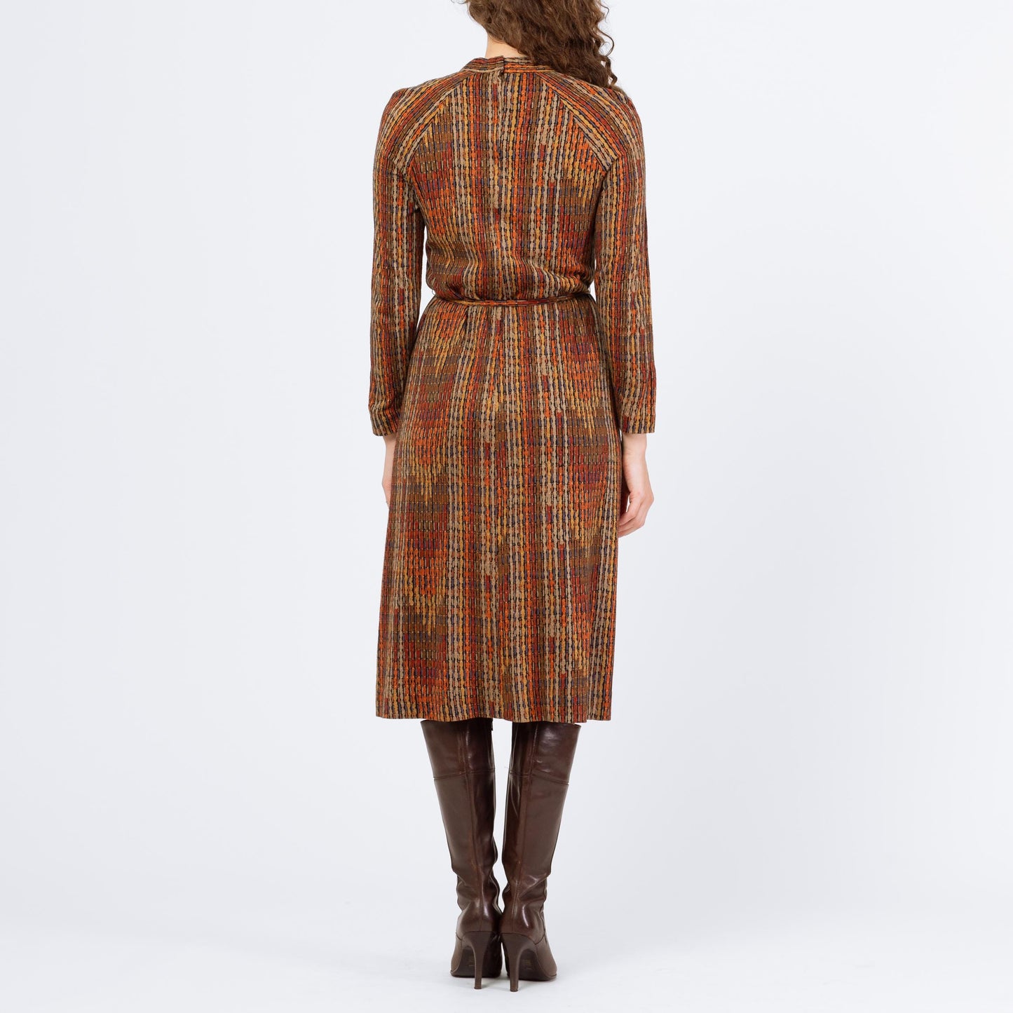 Vintage 70s Earth Tone Flame Stitch Drawstring Waist Midi Shirtdress - Medium | Retro Clothing, Long Sleeve A Line Dress