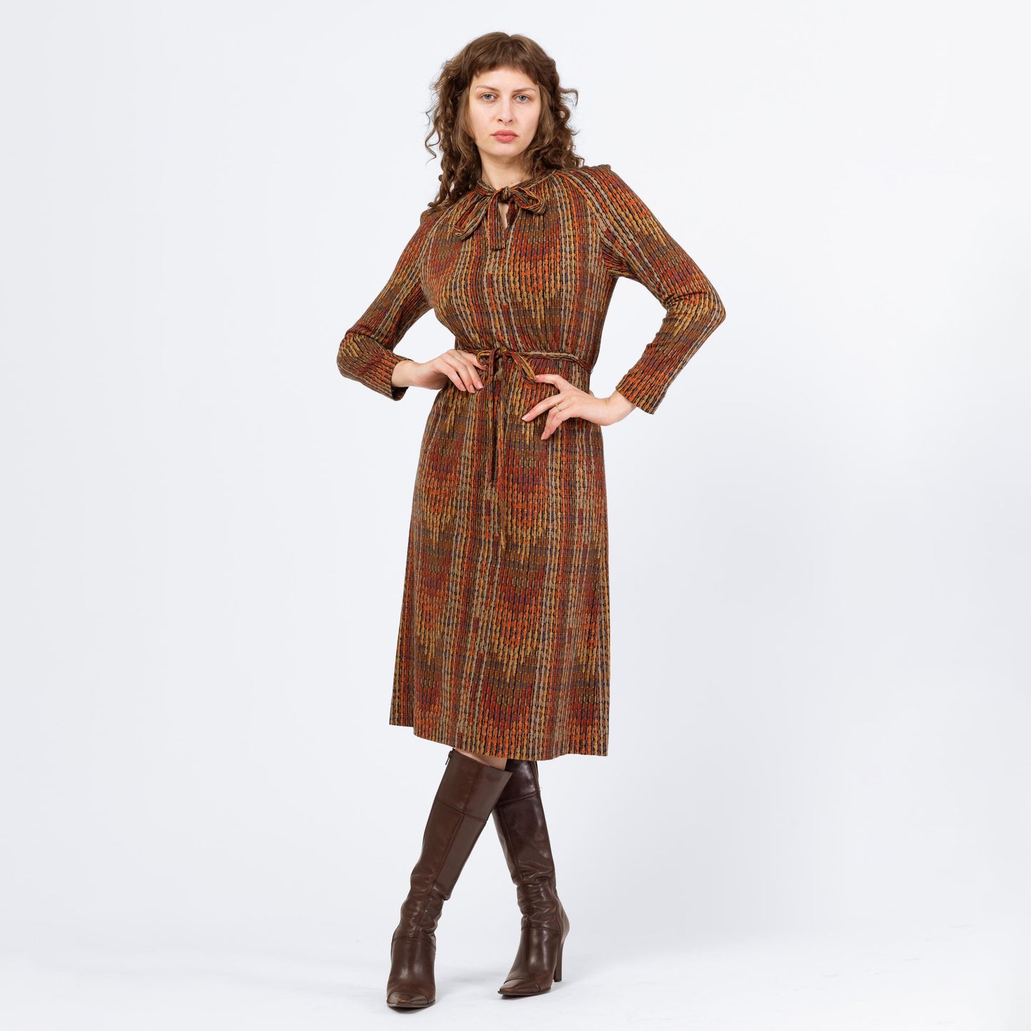 Vintage 70s Earth Tone Flame Stitch Drawstring Waist Midi Shirtdress - Medium | Retro Clothing, Long Sleeve A Line Dress