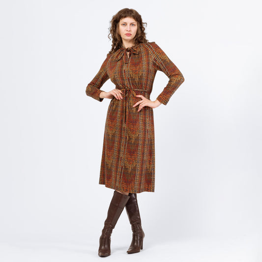 Vintage 70s Earth Tone Flame Stitch Drawstring Waist Midi Shirtdress - Medium | Retro Clothing, Long Sleeve A Line Dress