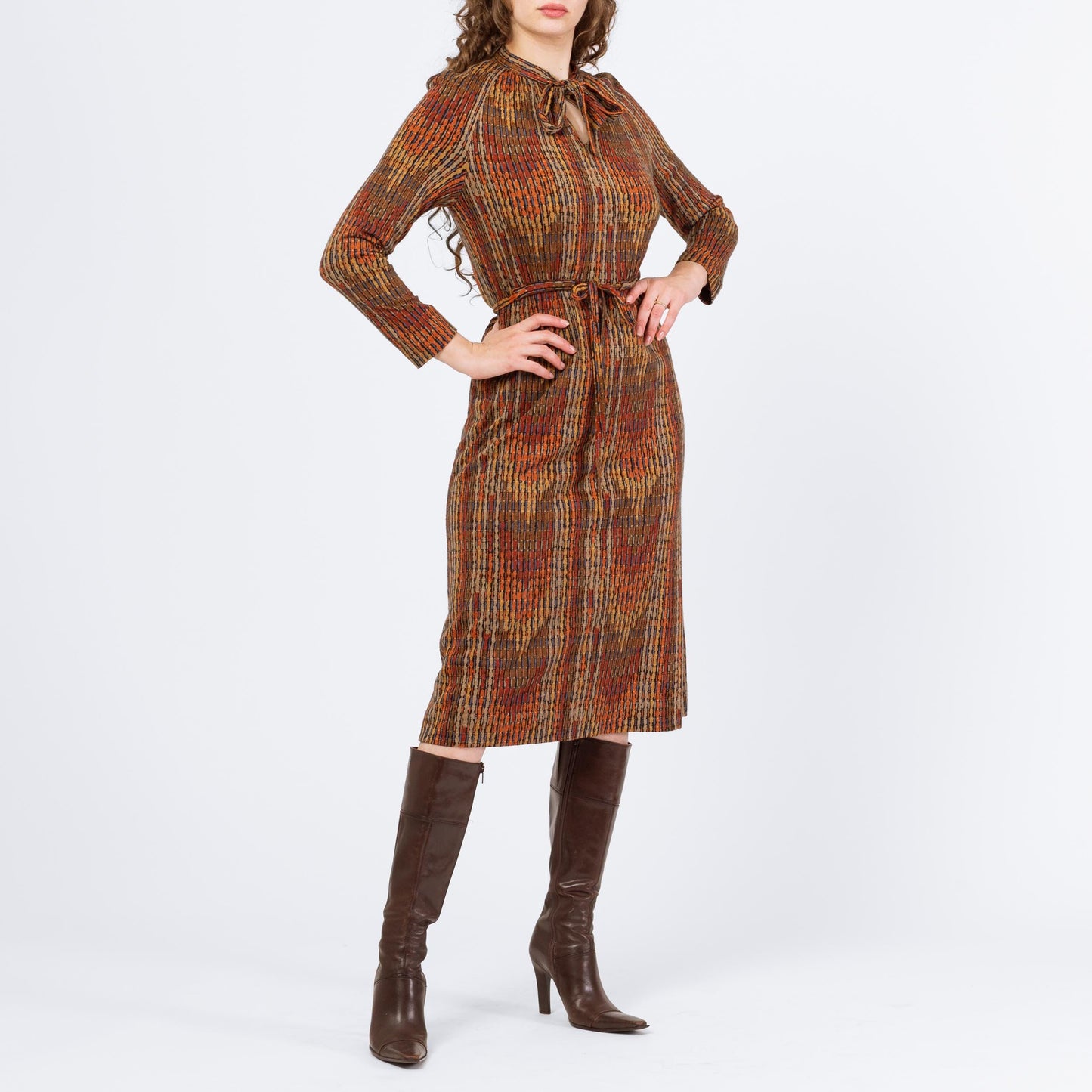 Vintage 70s Earth Tone Flame Stitch Drawstring Waist Midi Shirtdress - Medium | Retro Clothing, Long Sleeve A Line Dress