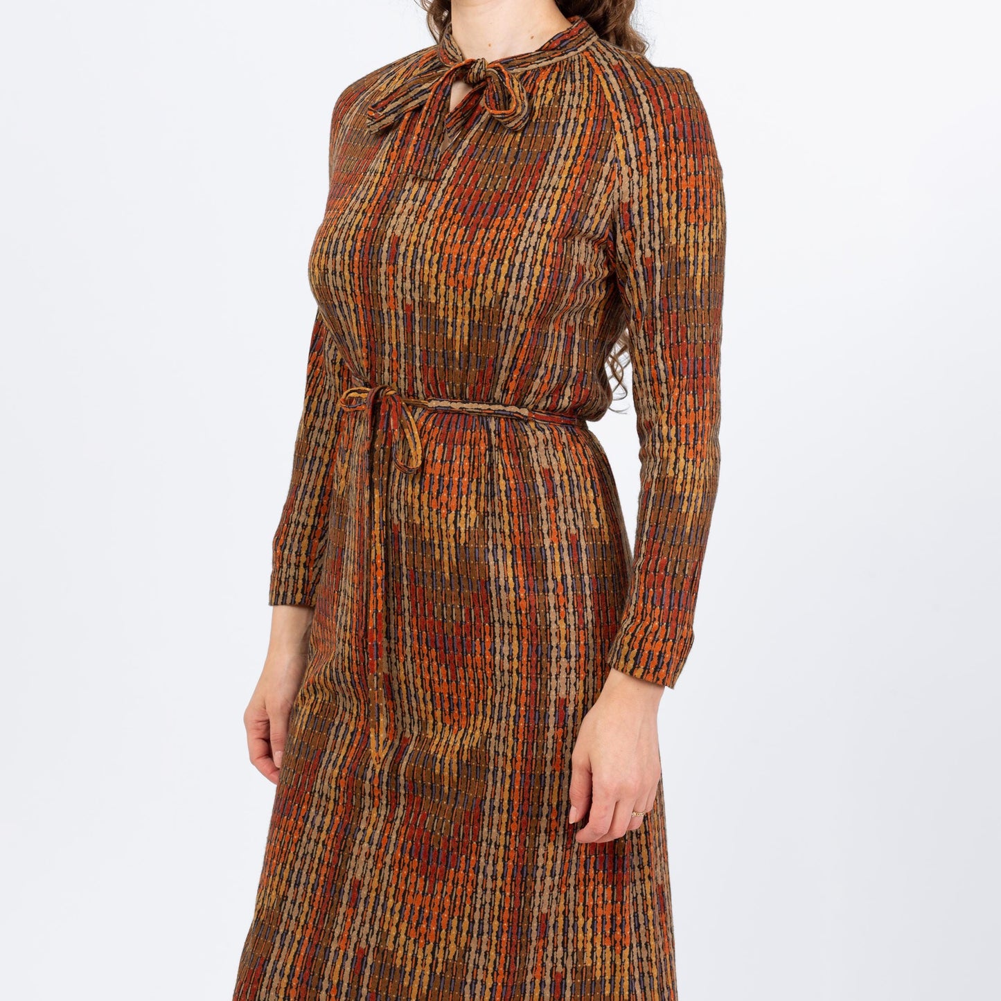 Vintage 70s Earth Tone Flame Stitch Drawstring Waist Midi Shirtdress - Medium | Retro Clothing, Long Sleeve A Line Dress