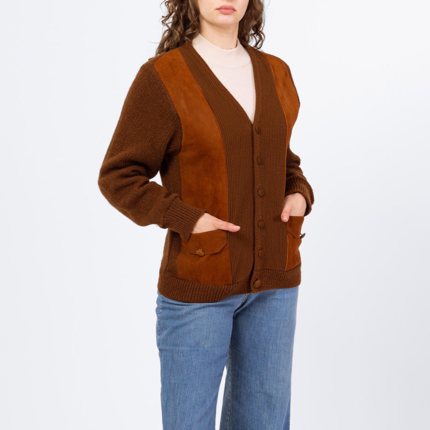 Vintage 70s Brown Suede Knit Sportigan Sweater - Medium | Unisex Leather Trim Button Up V Neck Cardigan