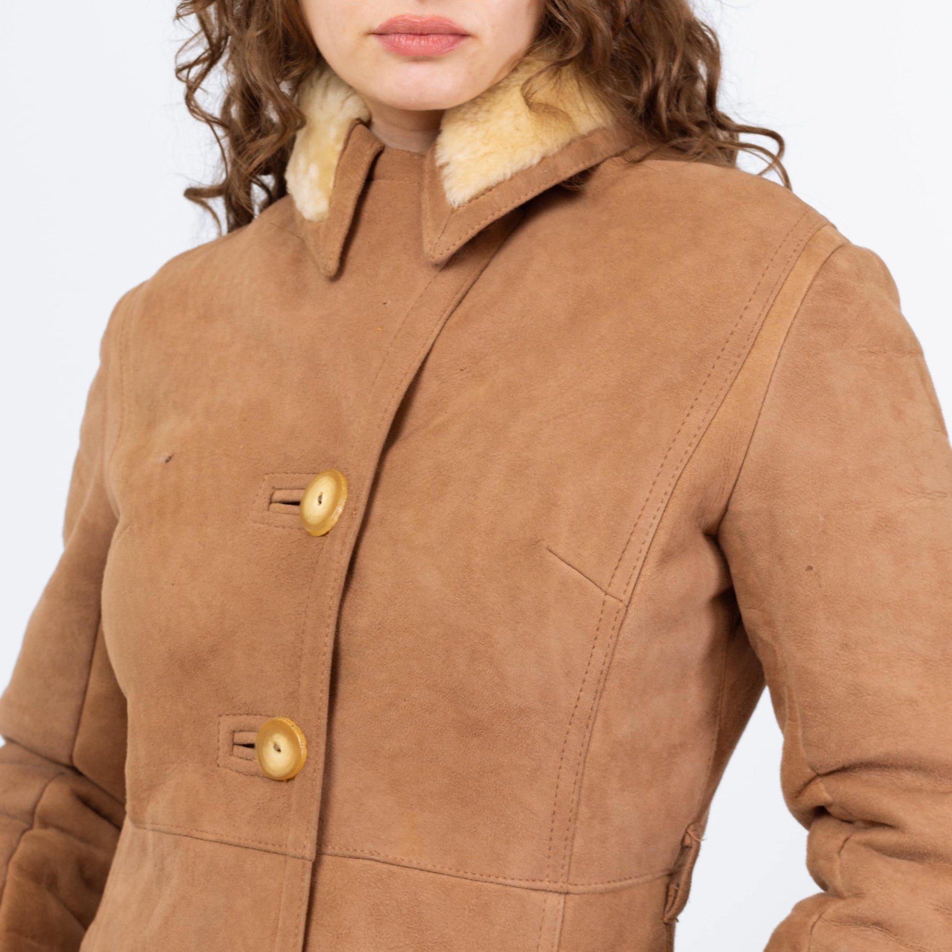 Vintage 70s Camel Suede Shearling Coat - Extra Small | Boho Sheepskin Button Up Hippie Sherpa Coat
