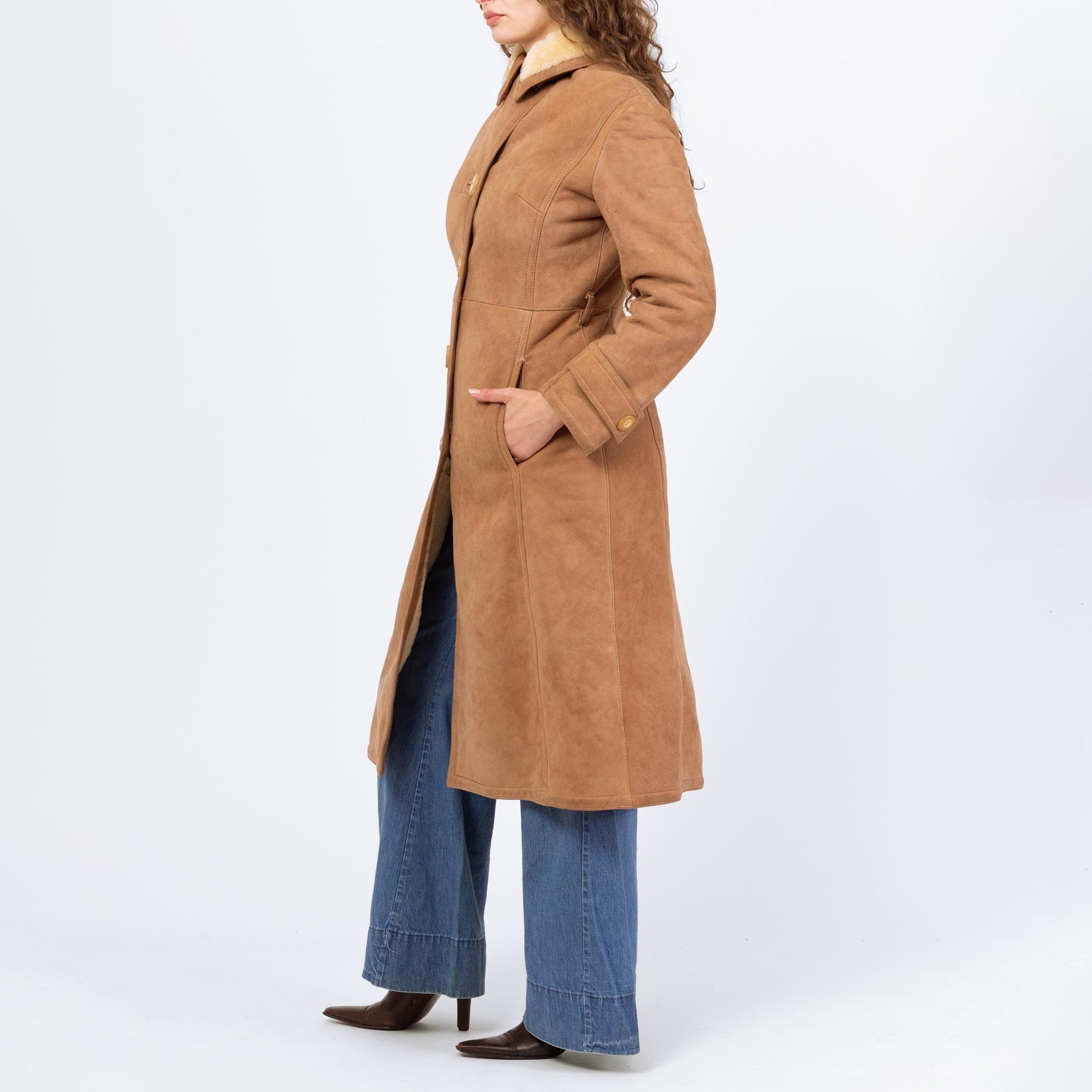 Vintage 70s Camel Suede Shearling Coat - Extra Small | Boho Sheepskin Button Up Hippie Sherpa Coat