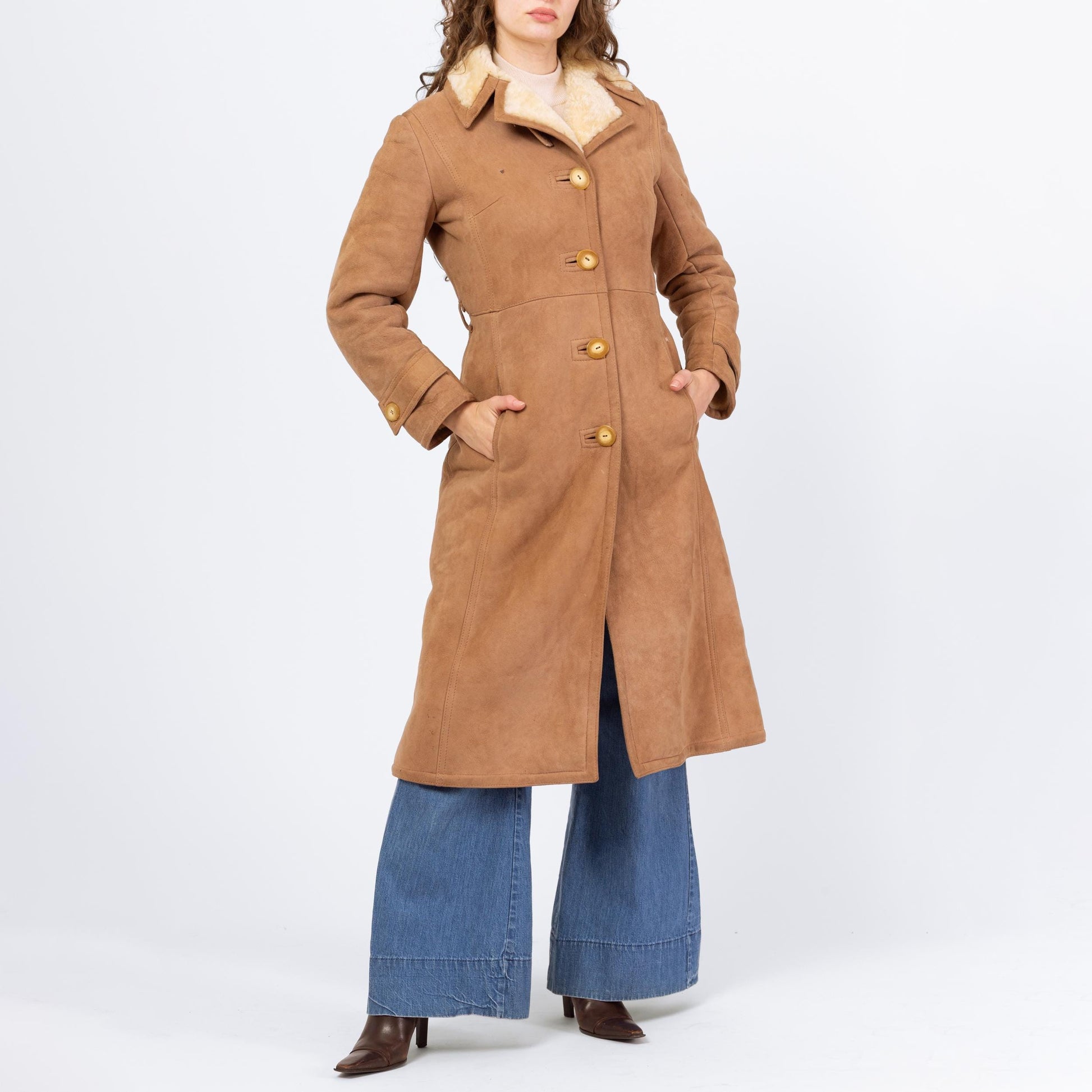 Vintage 70s Camel Suede Shearling Coat - Extra Small | Boho Sheepskin Button Up Hippie Sherpa Coat