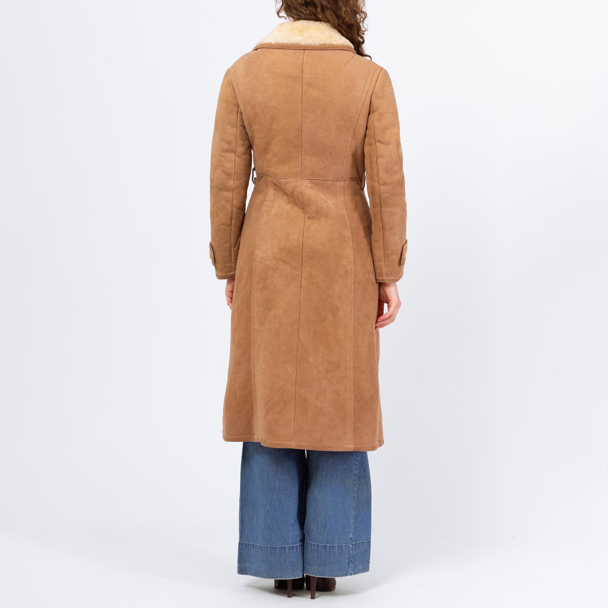 Vintage 70s Camel Suede Shearling Coat - Extra Small | Boho Sheepskin Button Up Hippie Sherpa Coat