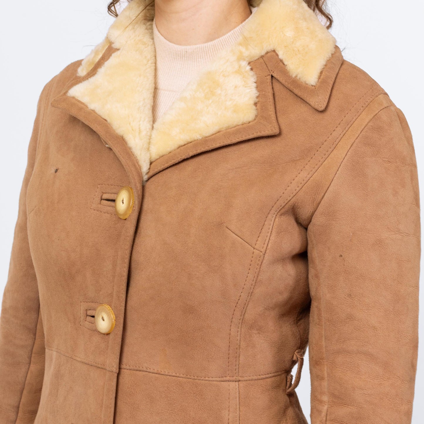 Vintage 70s Camel Suede Shearling Coat - Extra Small | Boho Sheepskin Button Up Hippie Sherpa Coat