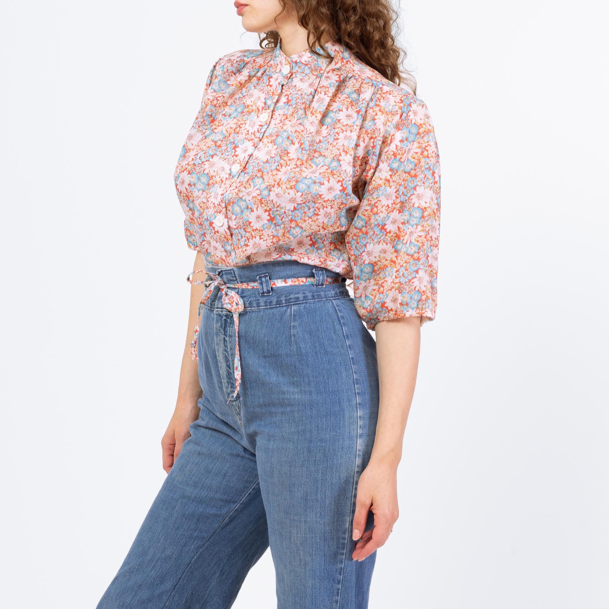 Vintage 70s Floral Cinched Waist Peasant Blouse - Medium | Boho Balloon Sleeve Top