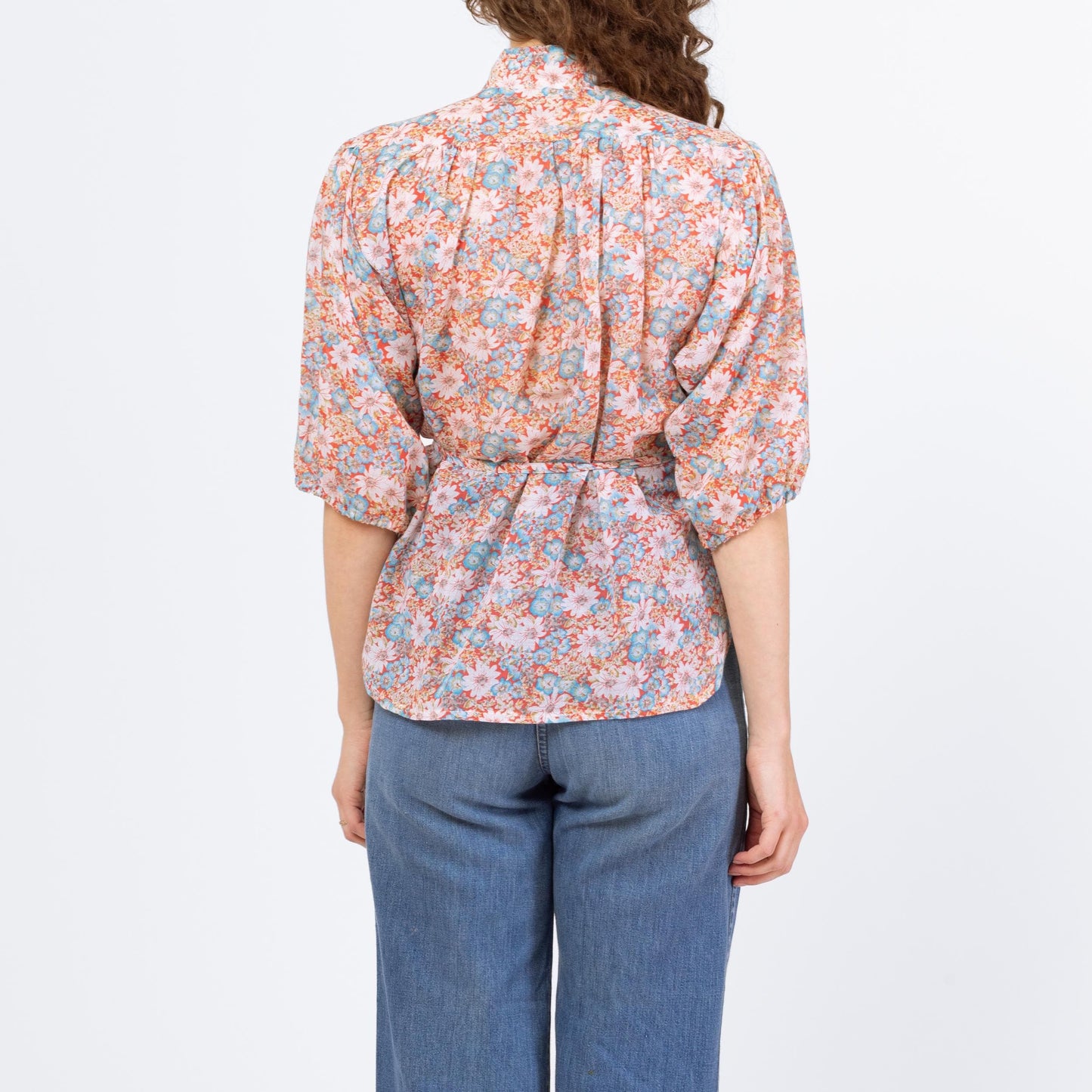 Vintage 70s Floral Cinched Waist Peasant Blouse - Medium | Boho Balloon Sleeve Top