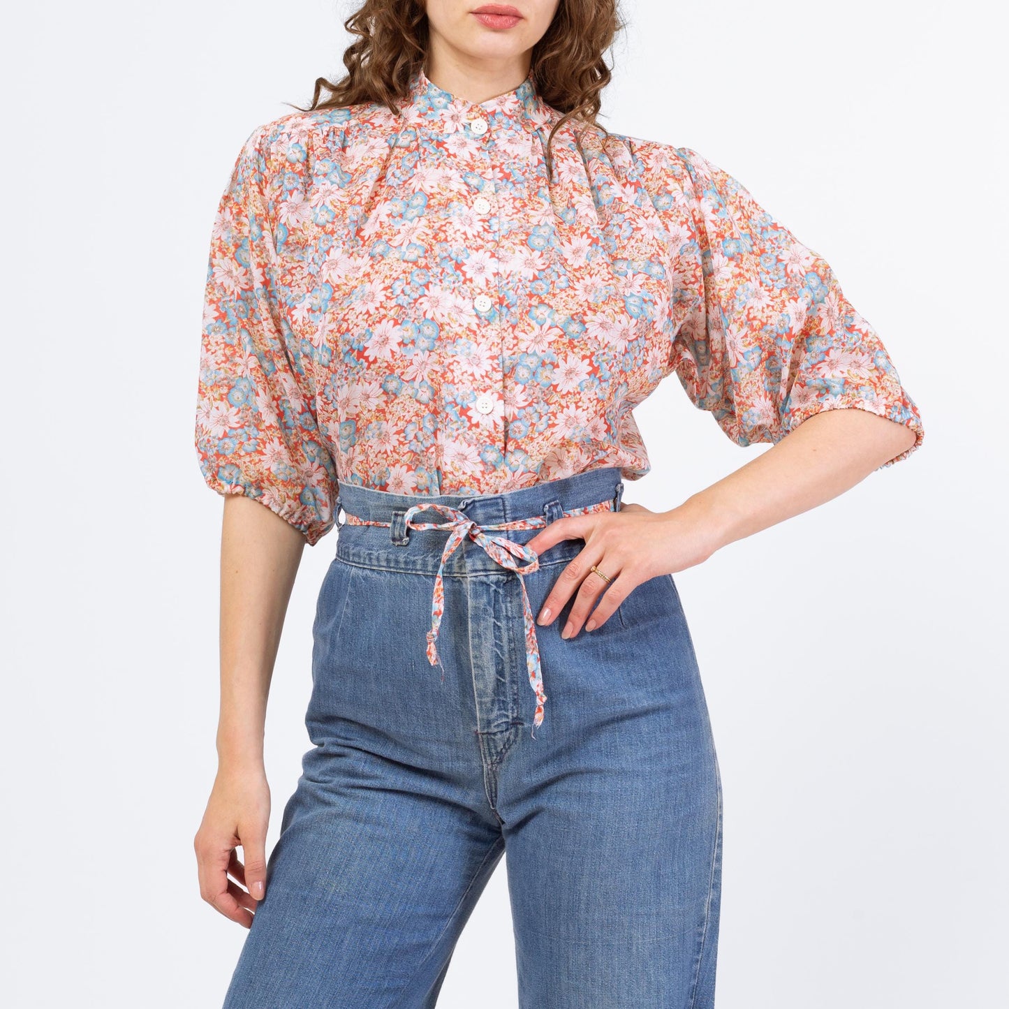 Vintage 70s Floral Cinched Waist Peasant Blouse - Medium | Boho Balloon Sleeve Top