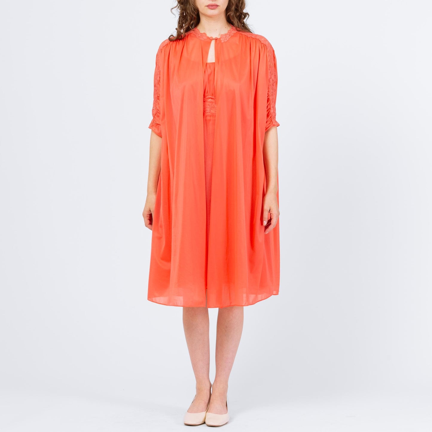 Vintage 60s Vanity Fair Salmon Orange Peignoir Set - Small | Negligee Nightgown Sheer Midi Dress & Robe
