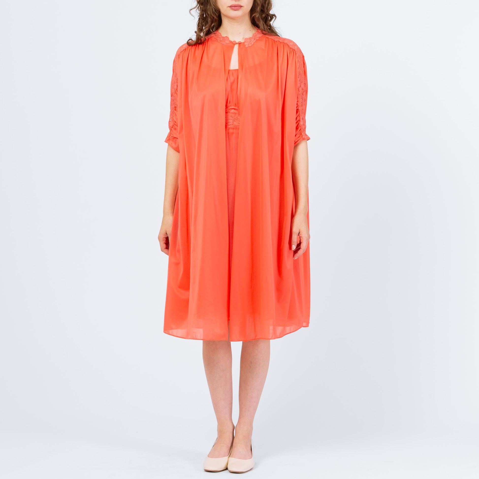 Vintage 60s Vanity Fair Salmon Orange Peignoir Set - Small | Negligee Nightgown Sheer Midi Dress & Robe