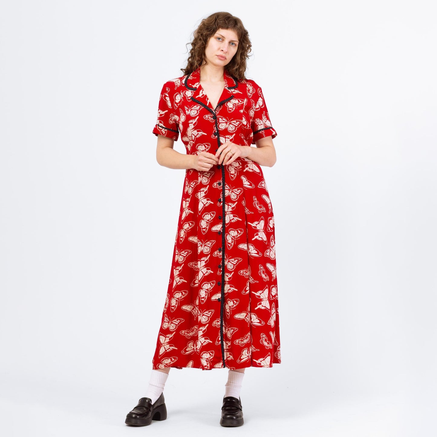 Vintage 80s Red Butterfly Print Shirtdress - Medium | Boho Short Sleeve Button Front Maxi Dress