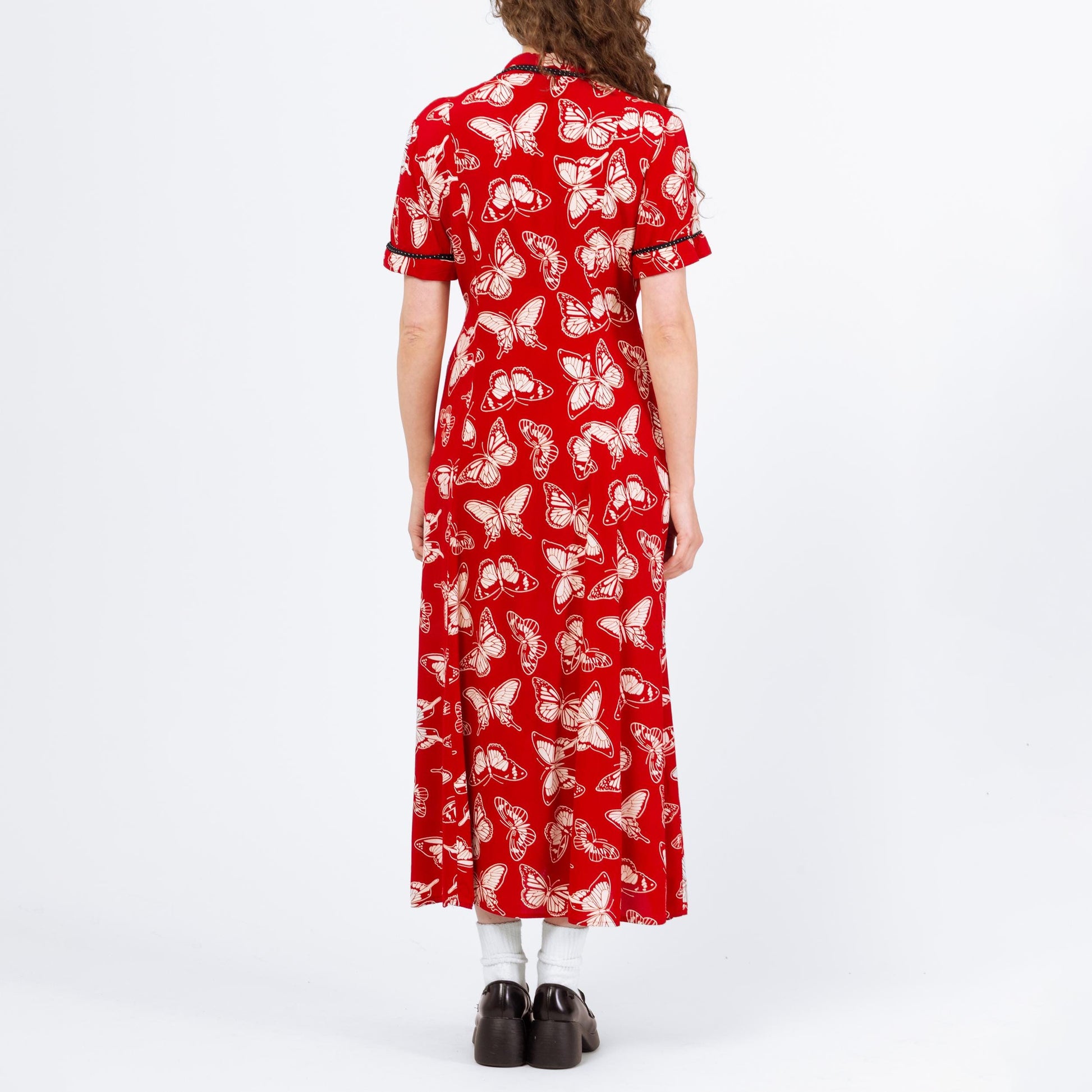 Vintage 80s Red Butterfly Print Shirtdress - Medium | Boho Short Sleeve Button Front Maxi Dress