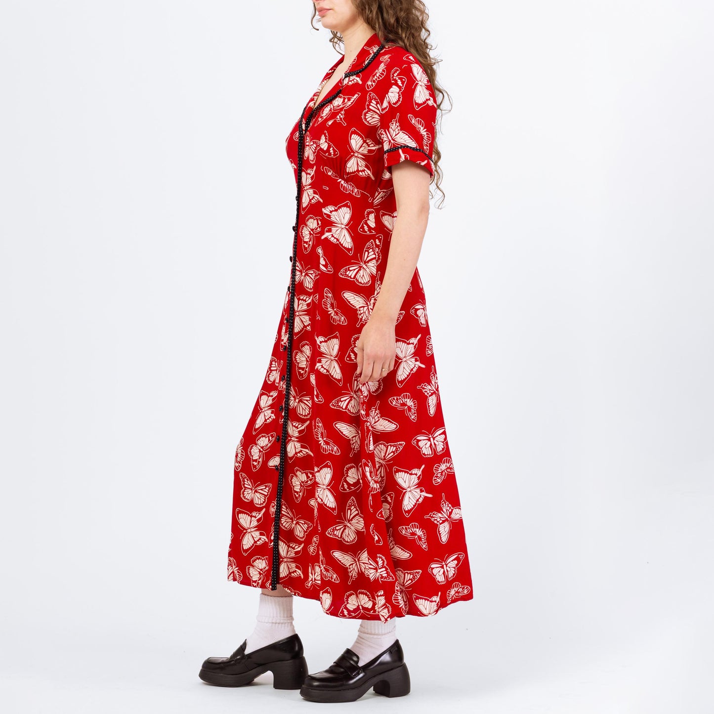 Vintage 80s Red Butterfly Print Shirtdress - Medium | Boho Short Sleeve Button Front Maxi Dress