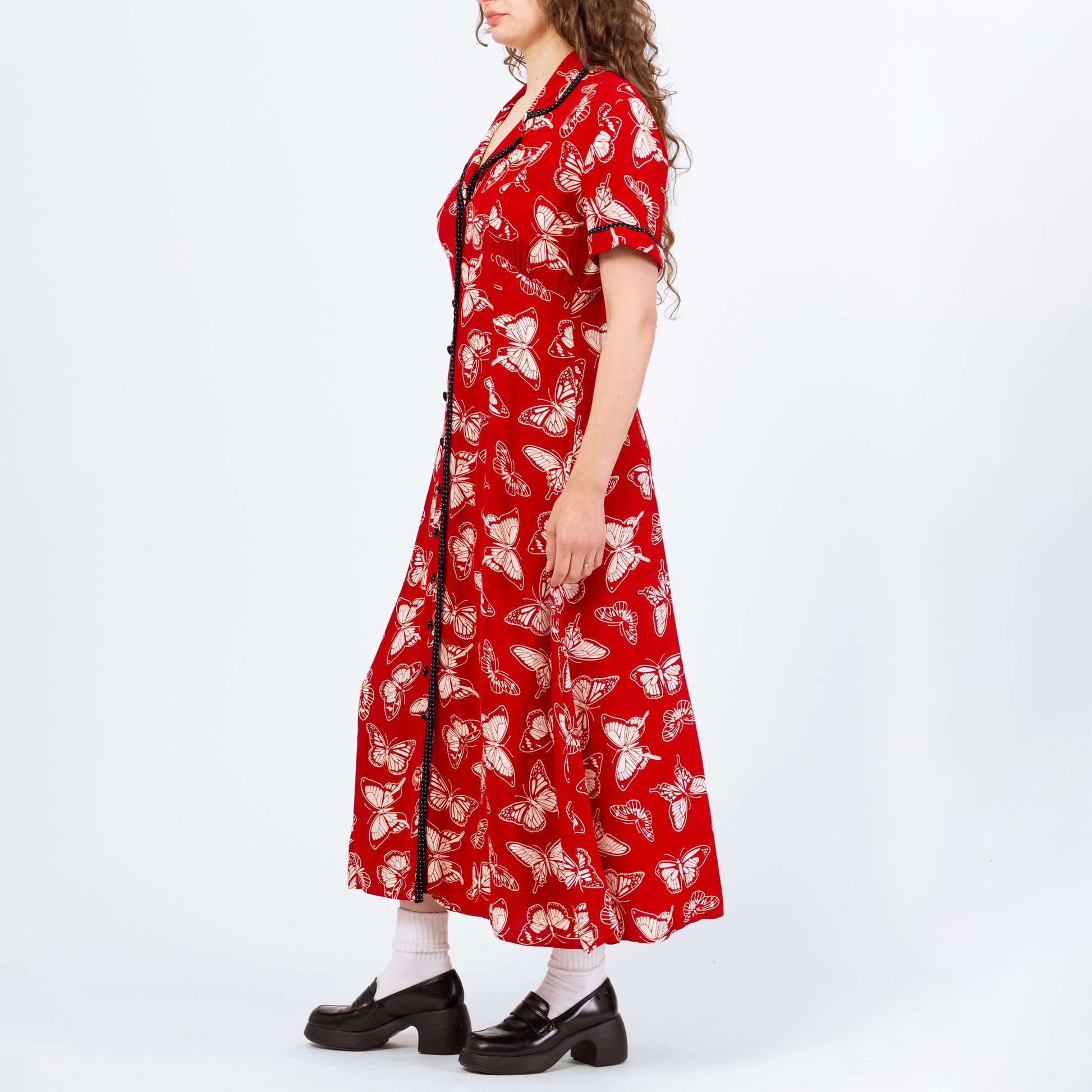 Vintage 80s Red Butterfly Print Shirtdress - Medium | Boho Short Sleeve Button Front Maxi Dress
