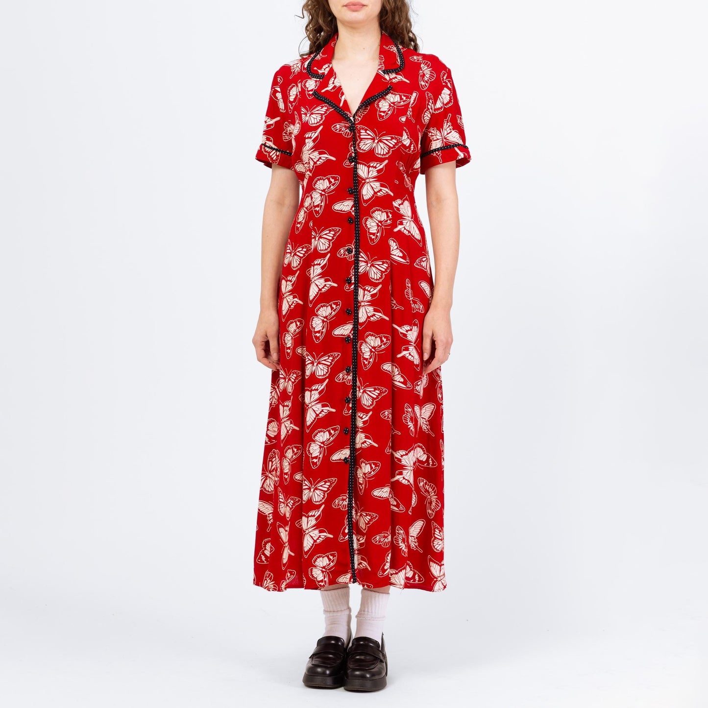 Vintage 80s Red Butterfly Print Shirtdress - Medium | Boho Short Sleeve Button Front Maxi Dress