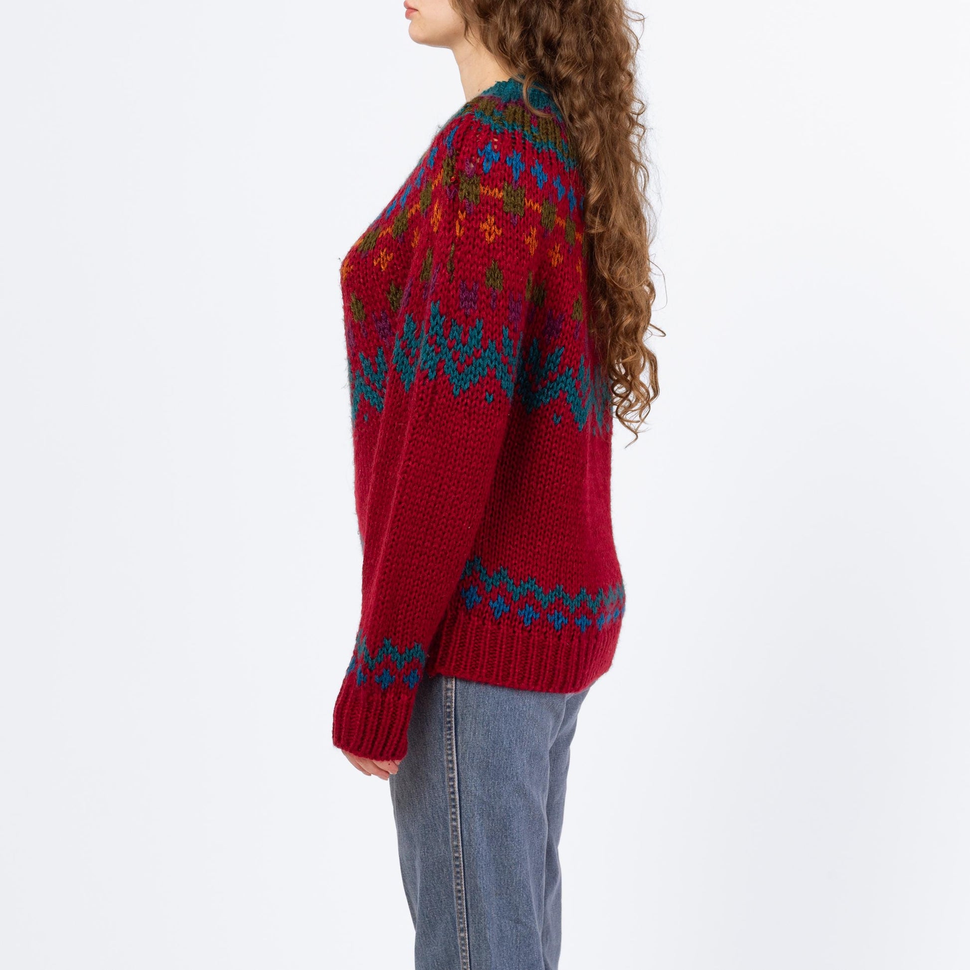 Vintage 80s Soft Wine Red Fair Isle Sweater - Medium | Hand Knit Nordic Pullover Jumper