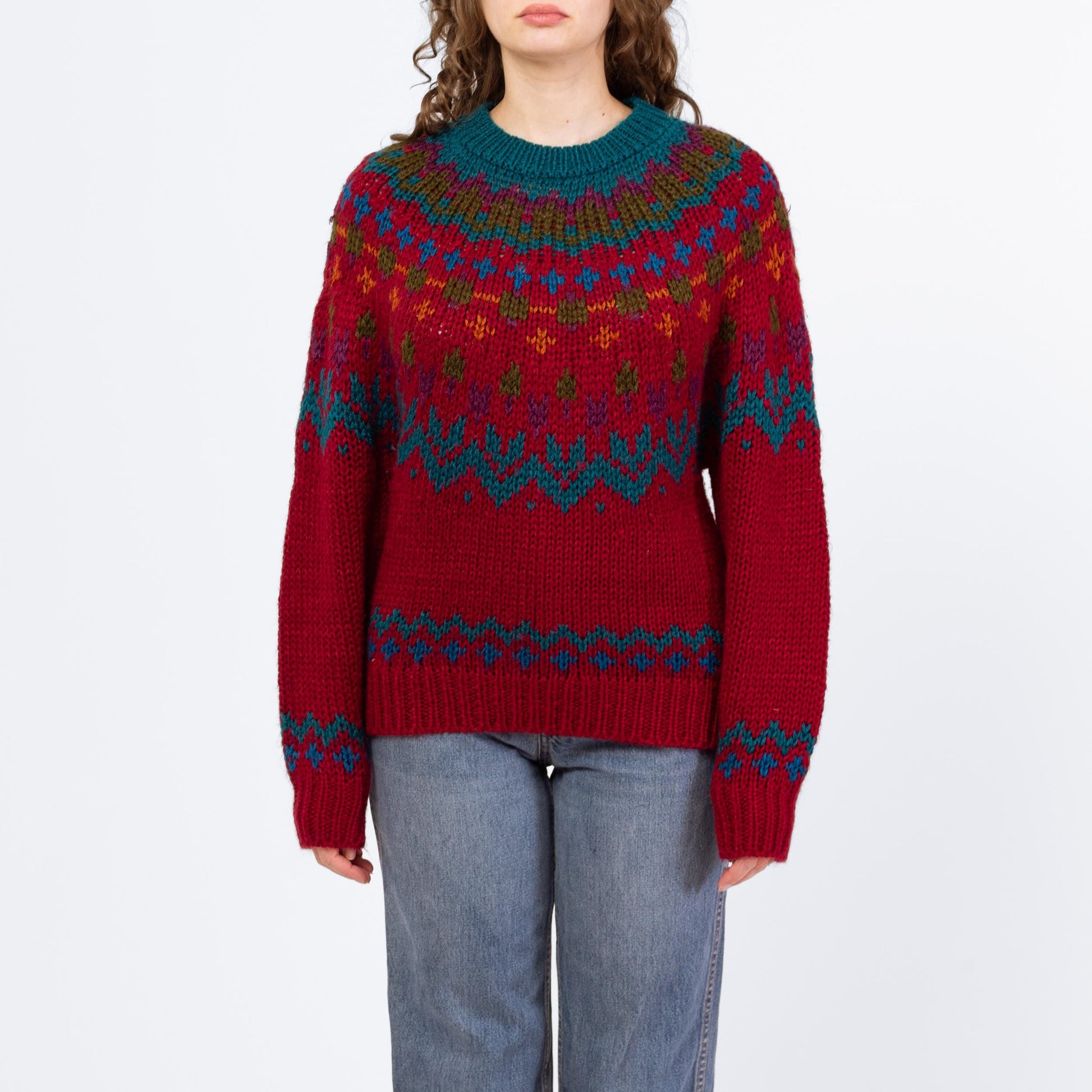 Vintage 80s Soft Wine Red Fair Isle Sweater - Medium | Hand Knit Nordic Pullover Jumper