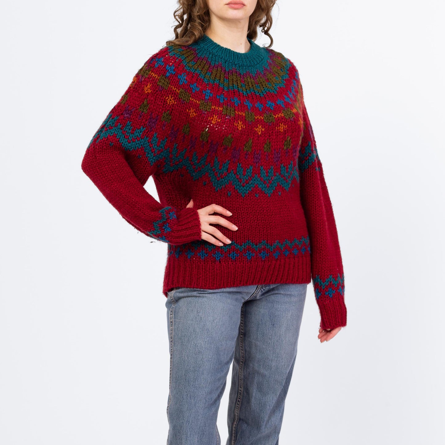 Vintage 80s Soft Wine Red Fair Isle Sweater - Medium | Hand Knit Nordic Pullover Jumper