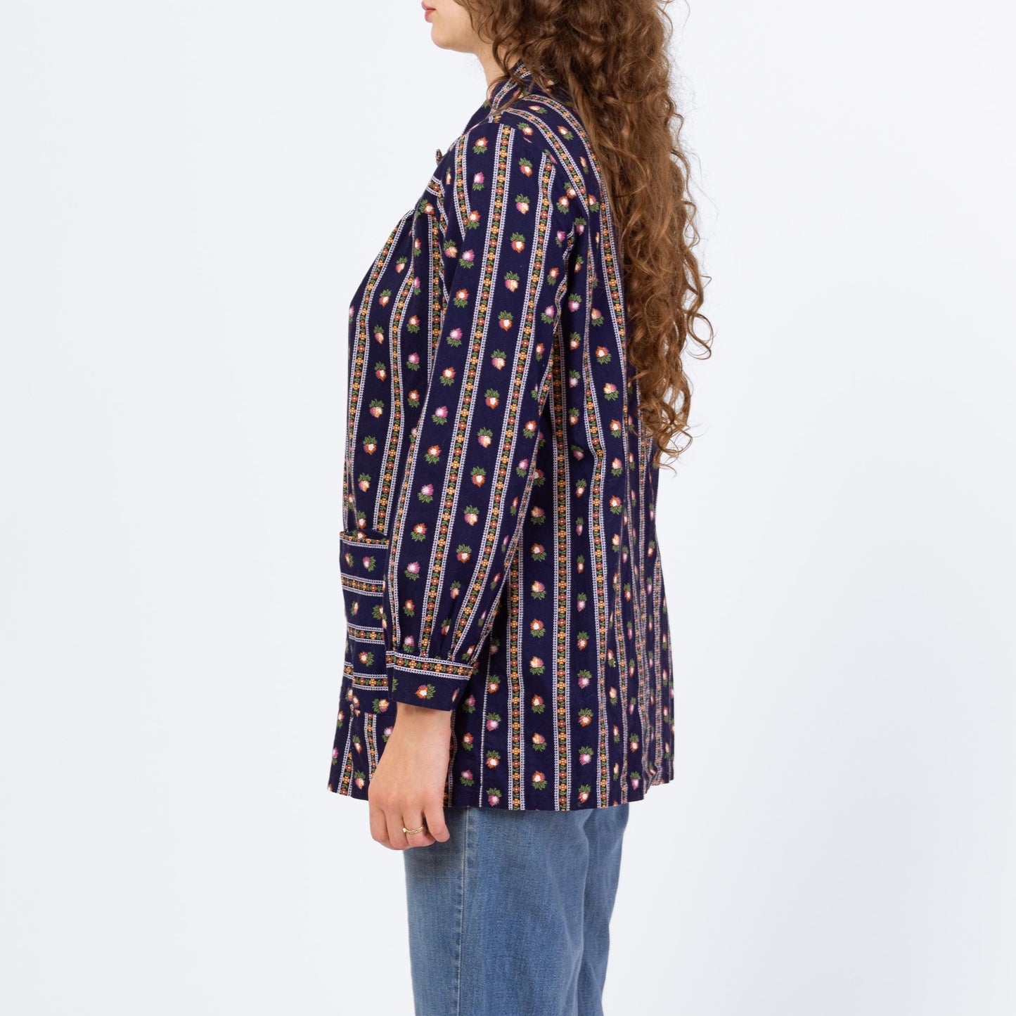 Vintage 70s Striped Floral Painter's Smock - Medium | Navy Blue Lightweight House Jacket Overshirt