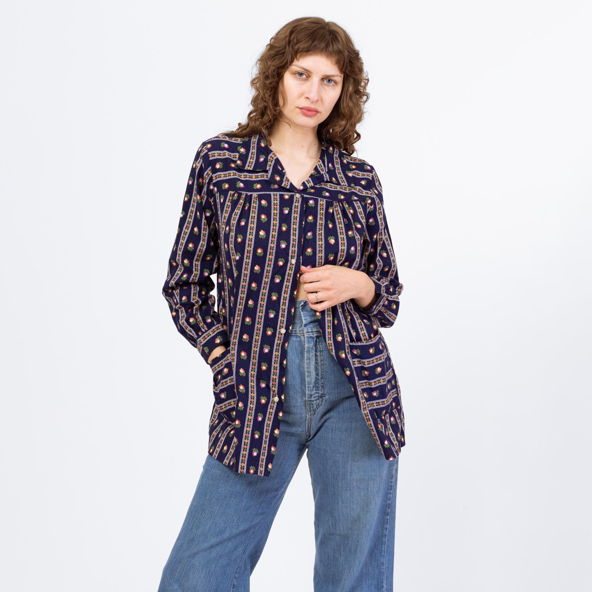 Vintage 70s Striped Floral Painter's Smock - Medium | Navy Blue Lightweight House Jacket Overshirt