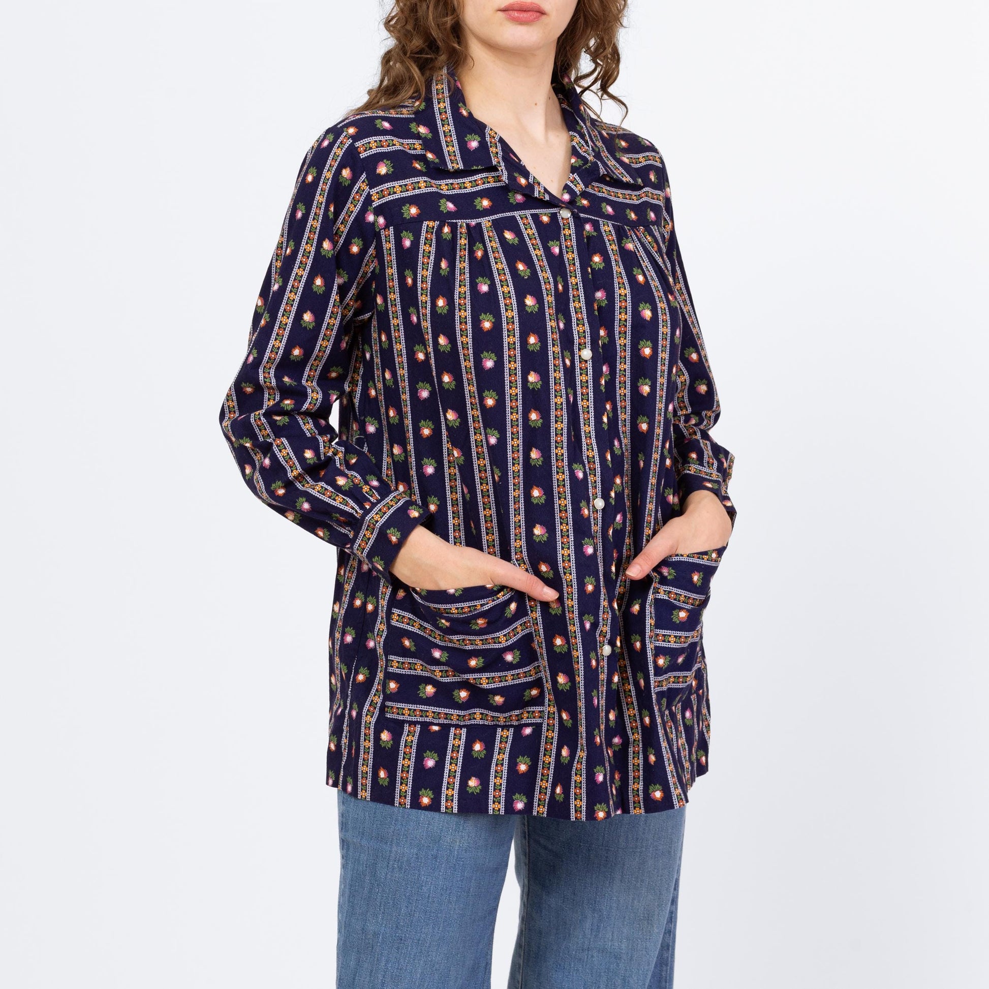 Vintage 70s Striped Floral Painter's Smock - Medium | Navy Blue Lightweight House Jacket Overshirt