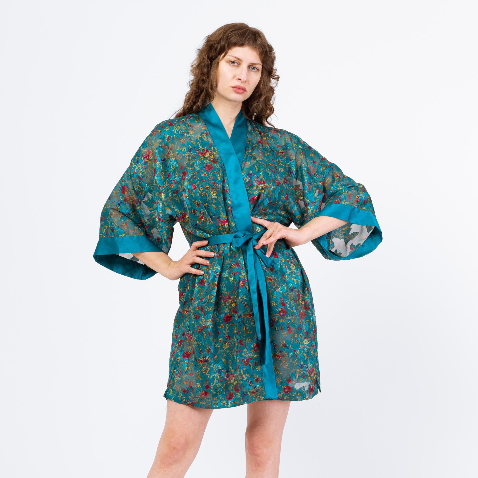 Vintage 90s Victoria's Secret Teal Floral Three Piece Lingerie Set - Large | Cami Kimono Tap Shorts Loungewear