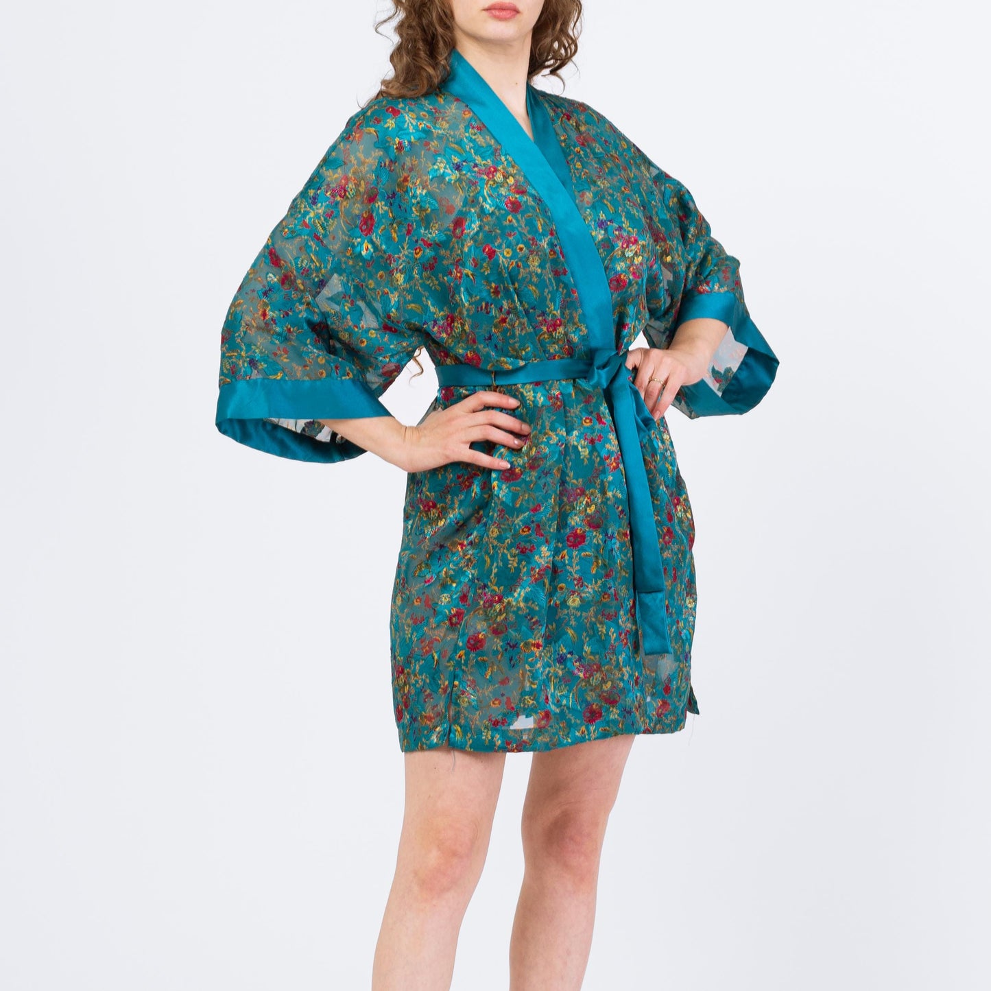 Vintage 90s Victoria's Secret Teal Floral Three Piece Lingerie Set - Large | Cami Kimono Tap Shorts Loungewear