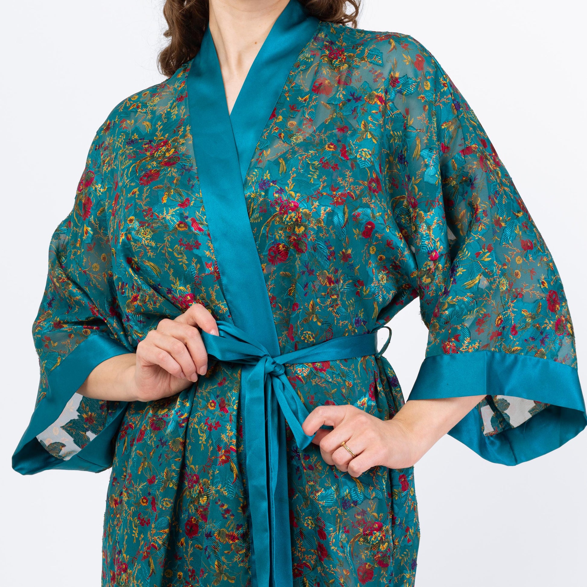 Vintage 90s Victoria's Secret Teal Floral Three Piece Lingerie Set - Large | Cami Kimono Tap Shorts Loungewear