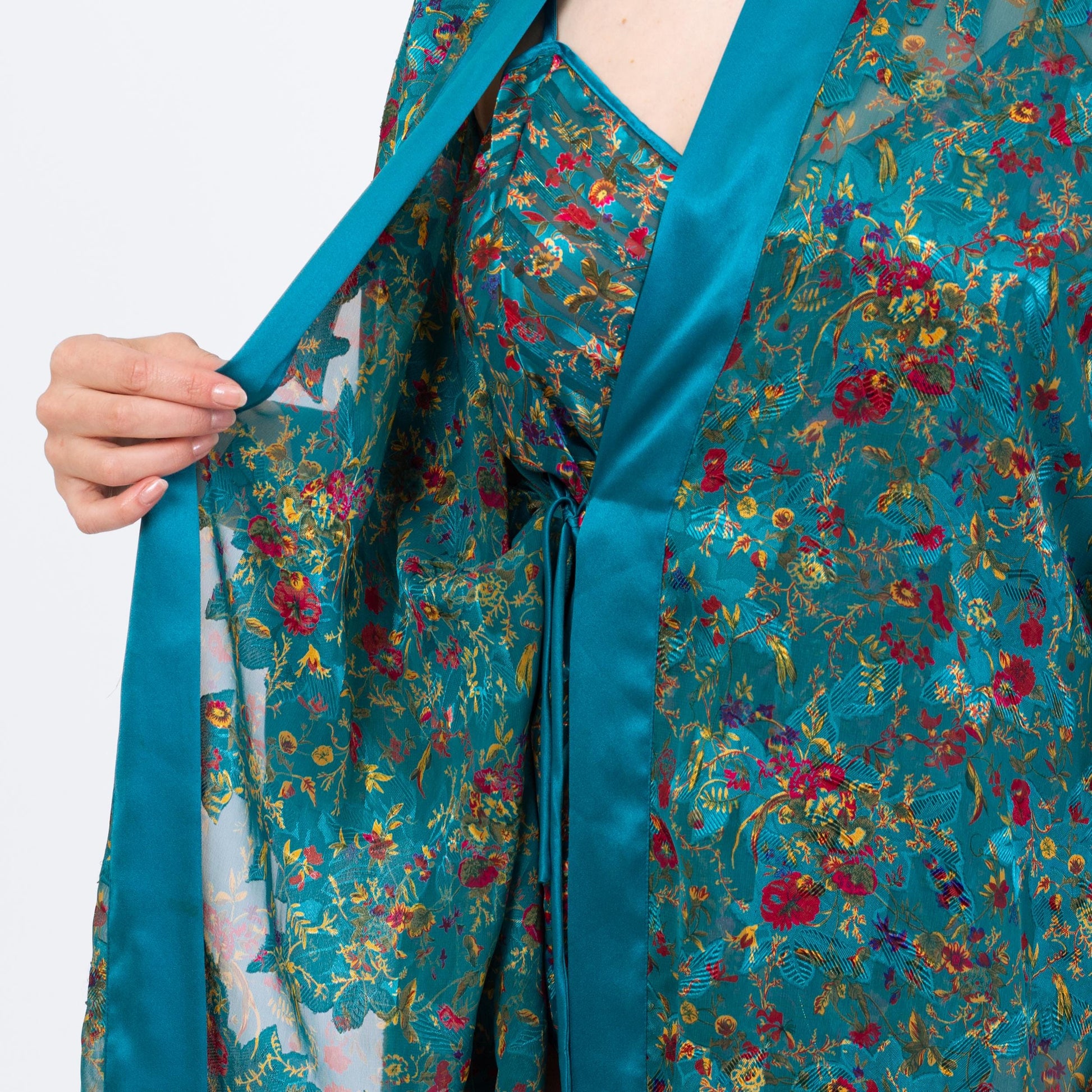 Vintage 90s Victoria's Secret Teal Floral Three Piece Lingerie Set - Large | Cami Kimono Tap Shorts Loungewear