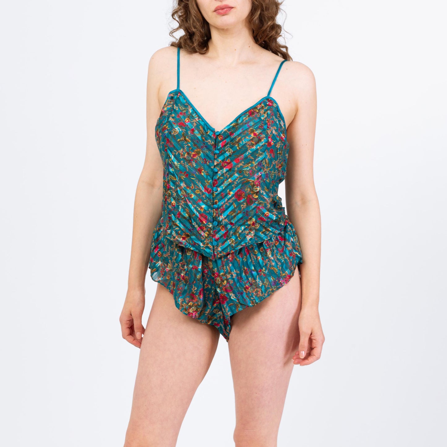 Vintage 90s Victoria's Secret Teal Floral Three Piece Lingerie Set - Large | Cami Kimono Tap Shorts Loungewear