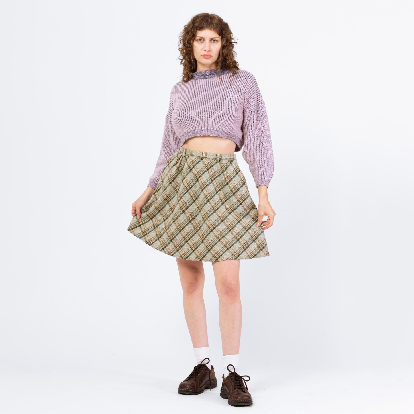 Vintage 70s Sage Green Plaid Tweed Mini Skirt - Medium, 28" Waist | High Waisted A Line Woven Pocket Skirt