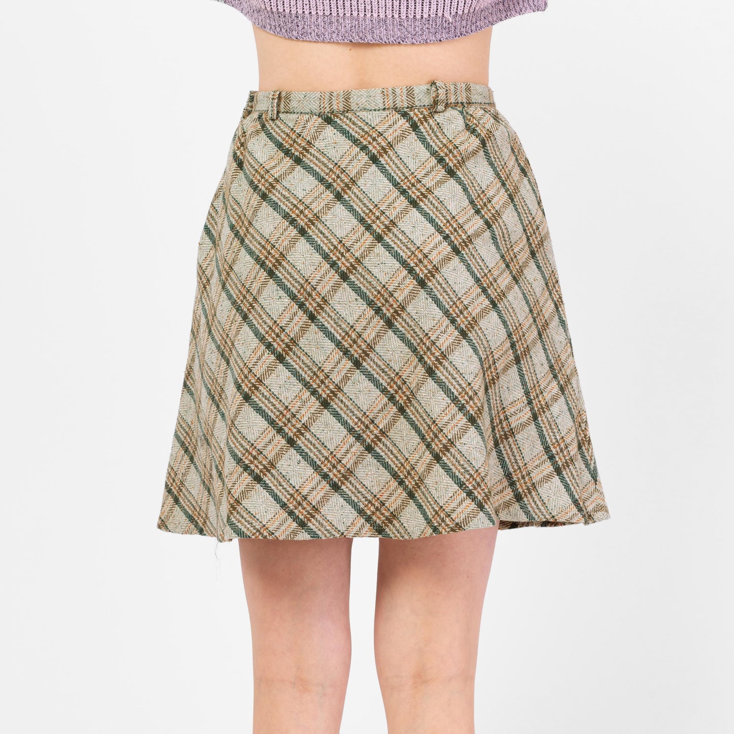 Vintage 70s Sage Green Plaid Tweed Mini Skirt - Medium, 28" Waist | High Waisted A Line Woven Pocket Skirt